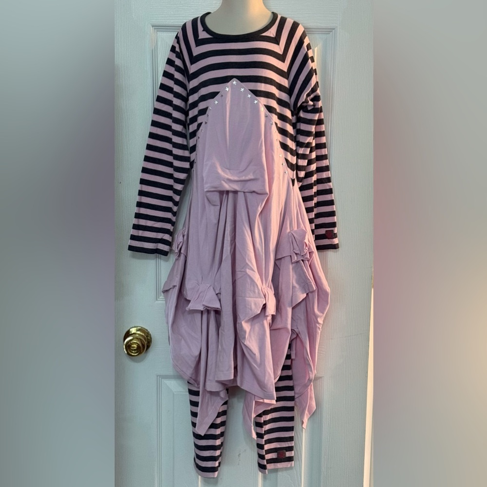 KidCuteTure Pink Grey Striped Dress & Leggings Set Sz 10
